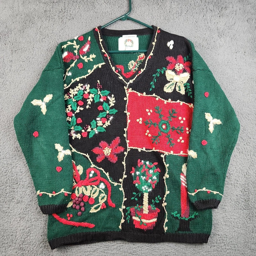 Vintage Christmas Ugly Sweater Womens Medium Hand Knitted Cardigan Oversized 90s